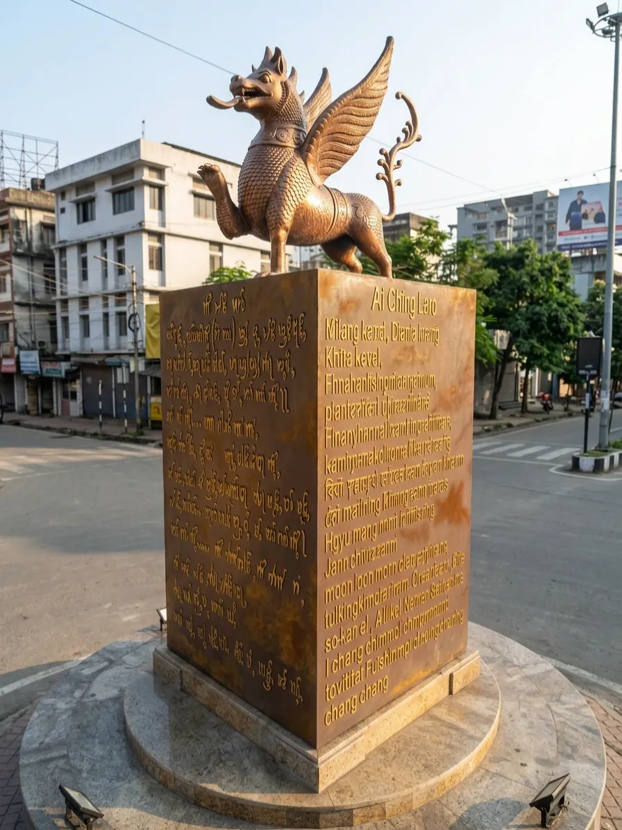 The bronze Ahom dragon sculpture by daylight, seen from the front
